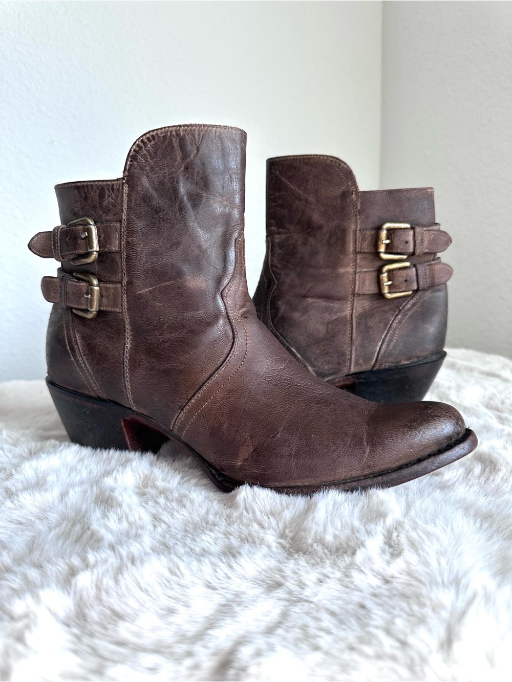 Lucchese Ankle Boots Brown Distressed Leather Buckle Western Grunge Cowgirl 10 B